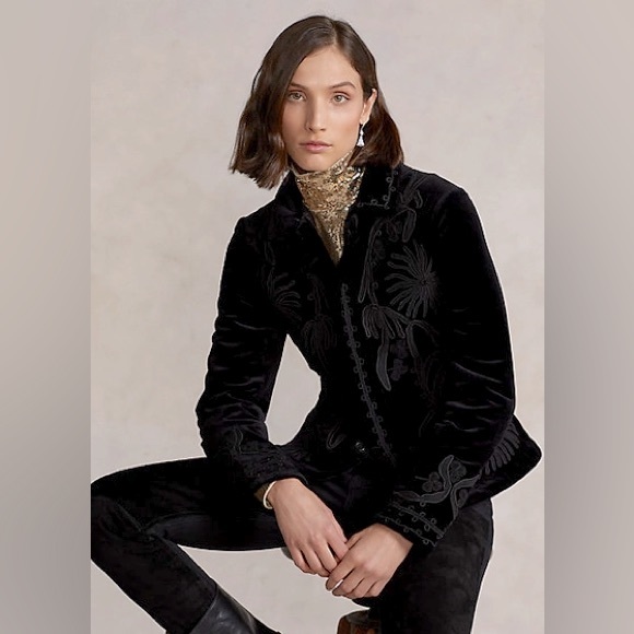 SOUTACHE-TRIM VELVET BLAZER IN POLO BLACK - Picture 2 of 6